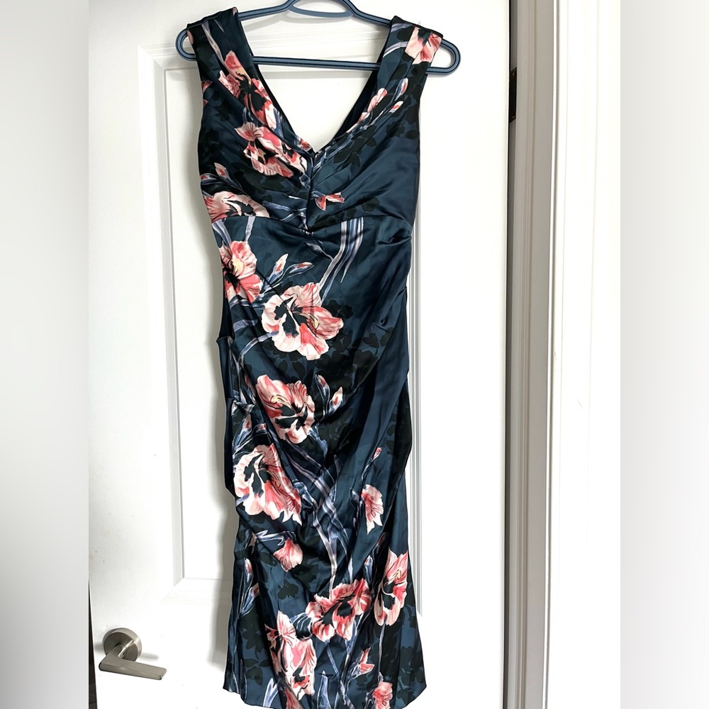 Floral midi length cocktail dress satin